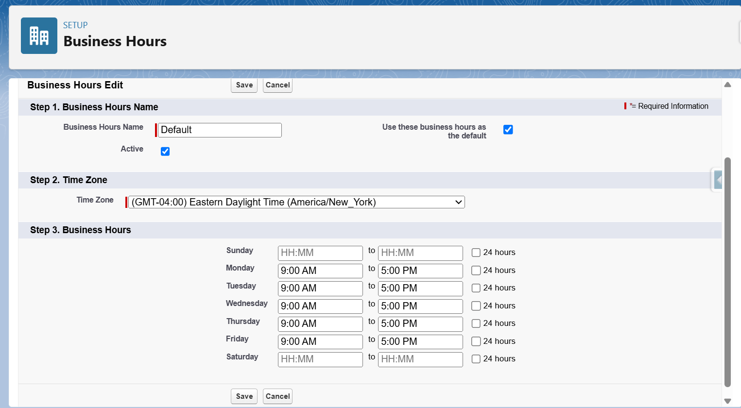 Screenshot of BusinessHours configuration page