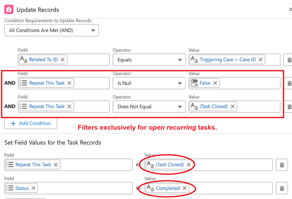 Configure Update Task Records Filter By & Save To Conditions